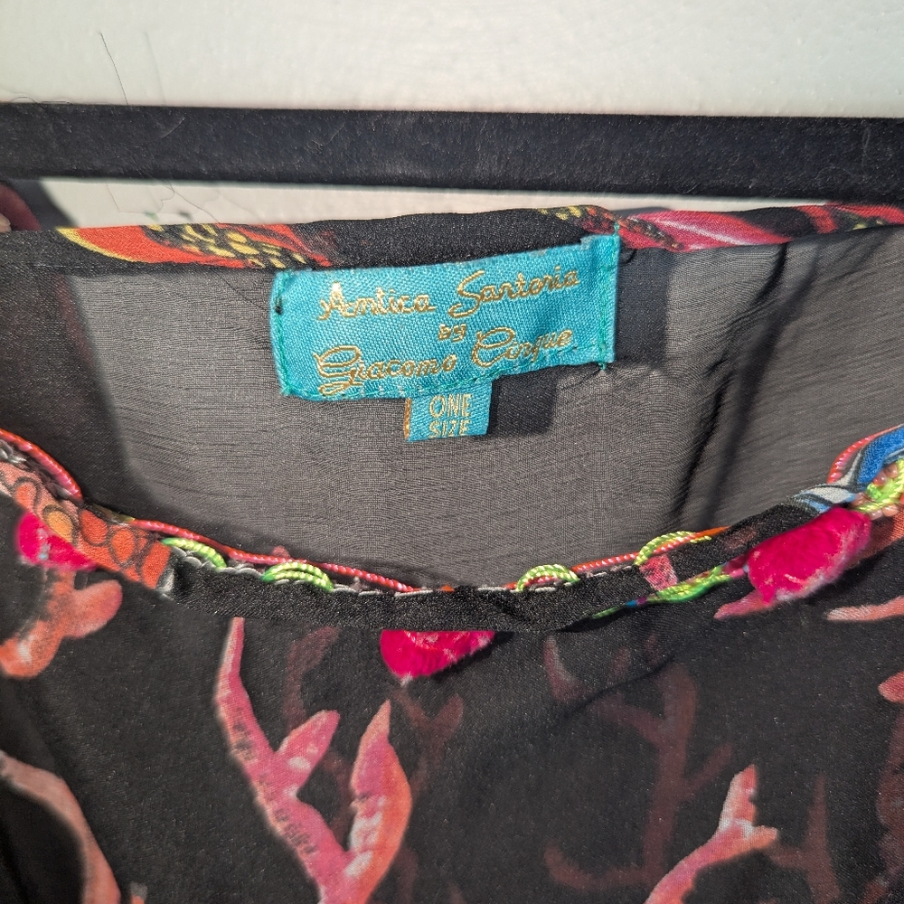 One Size Antica Santoria by Giacomo Cinque Semi Sheer Coral Face Print Poncho - Picture 8 of 9